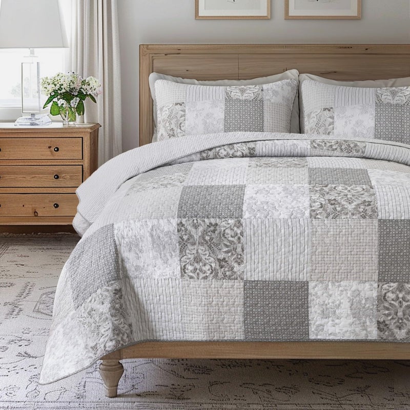 SLPR Silver Linings Cotton Quilt Set - Queen Size with 2 Shams, Neutral Pieced Patchwork Design, Country Silver Gray Quilted Comforter, Lightweight Summer Farmhouse Bedspread - Image 1